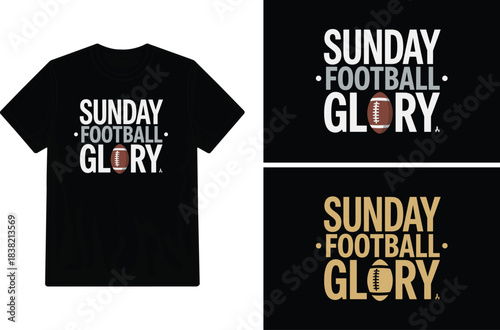 Black t shirt design featuring sunday football glory with a football graphic