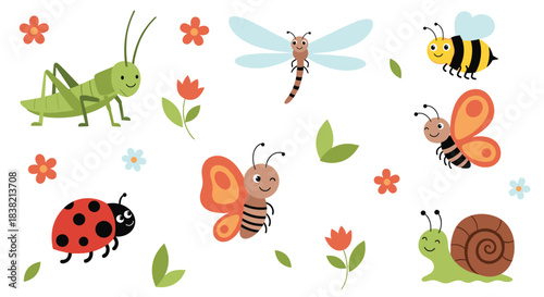 An adorable set of cute cartoon garden insects including a ladybug butterfly snail and bee isolated on a white background.