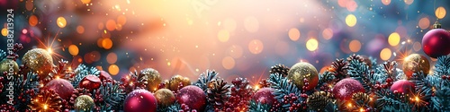 Panoramic Christmas Decorations with Blurry Lights and Ornaments