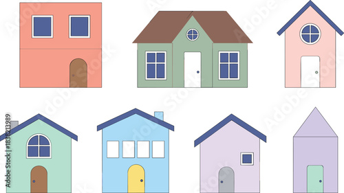 Minimal pastel house illustration set with simple residential home buildings for modern architecture and real estate design