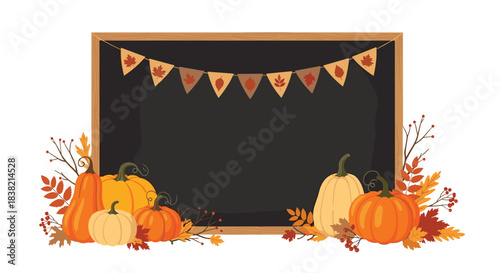 An autumn-themed background featuring a blank chalkboard decorated with pumpkins colorful leaves and a festive banner.