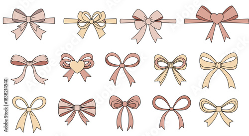 A lovely collection of hand-drawn bows and ribbons in soft pastel colors perfect for decorating gifts and invitations.
