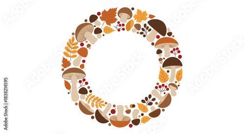 A circular frame or wreath made of autumn elements including mushrooms colorful leaves and red berries on a white background.