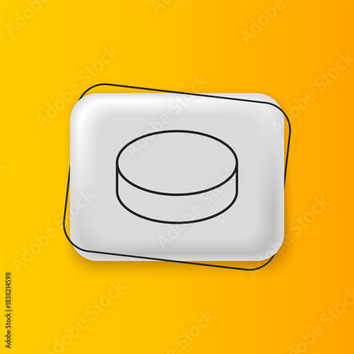 Black Hockey puck icon isolated on yellow background. Silver rectangle button. Vector