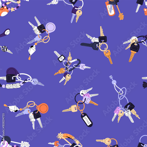 Repeatable pattern of different bunches of keys hanging on rings with keychain. Endless background of various keyrings, chains, fobs for house, office doors. Flat seamless vector illustration.