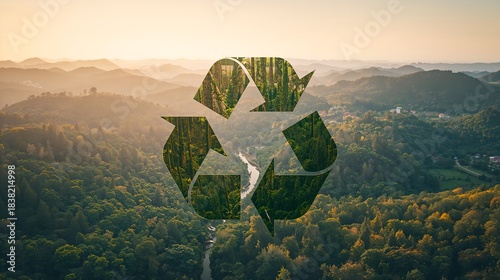 a recycling symbol is superimposed on a lush forest, with hills and the warm glow of the sun in the background, a strong message of sustainability and environmental responsibility