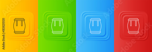 White Drum icon isolated on colorful background. Music sign. Musical instrument symbol. Set icons in square buttons. Vector