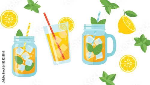 Refreshing lemon drink illustration set with iced lemonade glasses jars mint leaves and summer citrus pattern