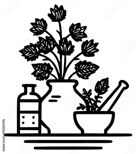 A composition of a vase with medicinal herbs, a bottle and a mortar and pestle