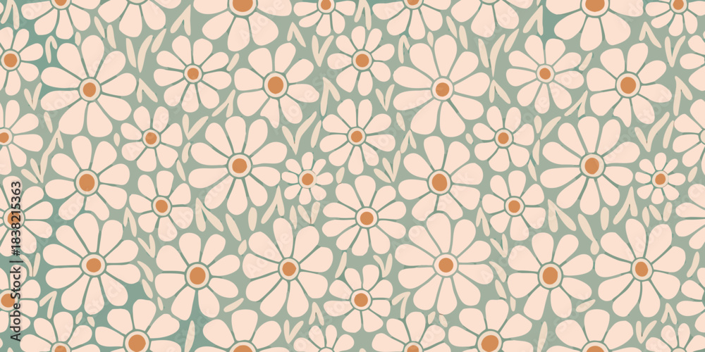 Fototapeta premium Delicate floral pattern with repeating white daisies and muted green foliage