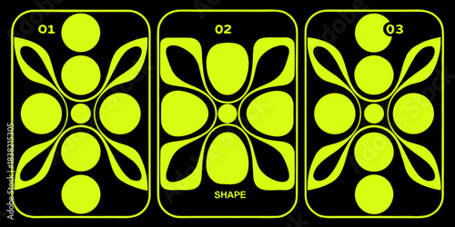 Abstract geometric patterns displayed on three vertically oriented smartphone screens