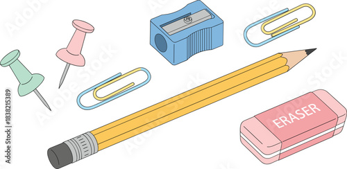 Stationery and office supplies illustration set with pencil eraser sharpener paper clips and push pins