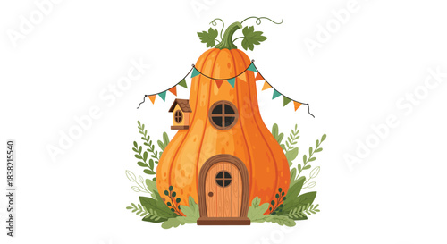 A charming fairytale house made from a tall pumpkin decorated with a festive banner a birdhouse and lush green leaves.