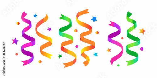 Colorful confetti streamers and sparkling stars create a festive celebration scene