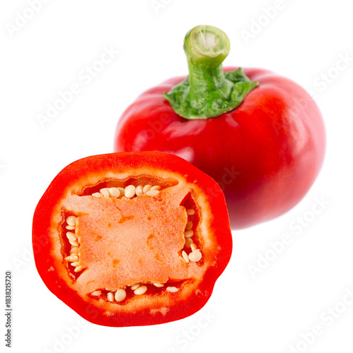Sweet round peppers isolated on white background. Ripe round red paprika. Clipping path.