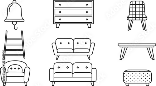 Minimal furniture outline icon set with sofa chair bench ladder cabinet and interior home objects