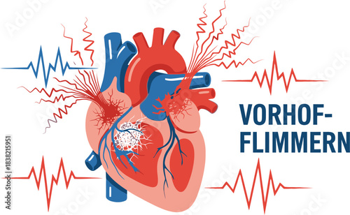 Illustration of Atrial Fibrillation (Vorhofflimmern) with Electrocardiogram (ECG) Pulse
