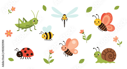 A sweet collection of adorable cartoon insects like a grasshopper bee and butterfly surrounded by flowers and green leaves.