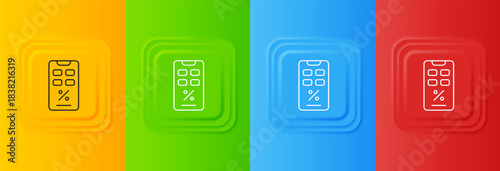White Percent discount and mobile phone icon isolated on colorful background. Sale percentage - price label, tag. Set icons in square buttons. Vector