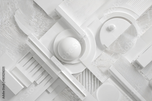 minimalist abstract composition of geometric shapes and textures in white