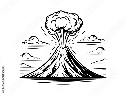 Illustration of a volcano erupting with a cloud formation and surrounding clouds
