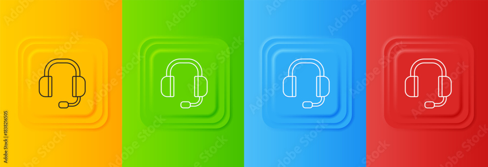 Fototapeta premium White Headphones icon isolated on colorful background. Support customer service, hotline, call center, faq, maintenance. Set icons in square buttons. Vector