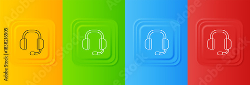 White Headphones icon isolated on colorful background. Support customer service, hotline, call center, faq, maintenance. Set icons in square buttons. Vector