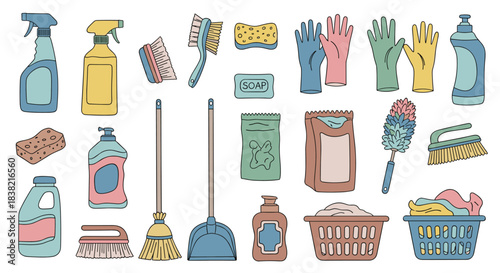 A comprehensive collection of colorful hand-drawn cleaning supplies and household tools for domestic chores and hygiene isolated on a white background.