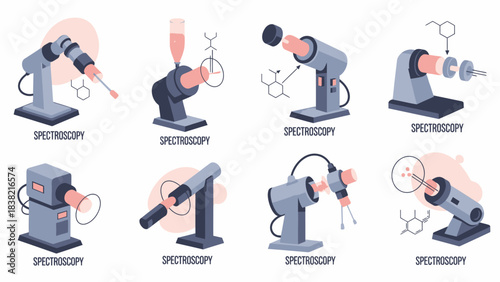 Flat isometric vector illustration featuring a set of eight icons related to various types of Spectroscopy instruments and methods.