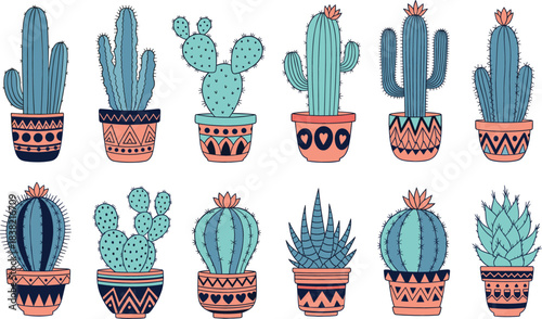 Potted Cactus Vector Set Featuring Decorative Succulent Plants in Patterned Pots with Boho and Modern Flat Design