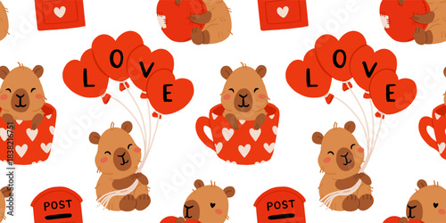 Cute Valentine Capybara Clipart Seamless pattern. Loving Capybaras with Hearts, Gifts, and Romantic Elements, Adorable Flat Cartoon Vector Illustration, romantic kawaii animals