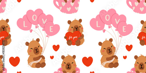 Cute Valentine Capybara Clipart Seamless pattern. Loving Capybaras with Hearts, Gifts, and Romantic Elements, Adorable Flat Cartoon Vector Illustration, romantic kawaii animals