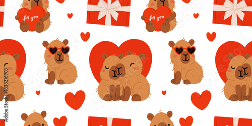 Cute Valentine Capybara Clipart Seamless pattern. Loving Capybaras with Hearts, Gifts, and Romantic Elements, Adorable Flat Cartoon Vector Illustration, romantic kawaii animals