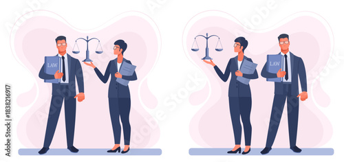 A male and female lawyer in business suits holding the scales of justice and a law book. Concepts of law and justice, legislation, and legal and attorney services in court. Vector illustration.