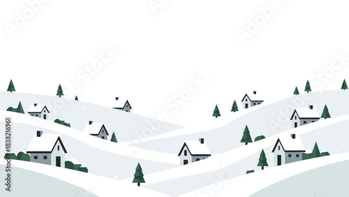 A charming illustration of a snowy village nestled in rolling hills during winter.