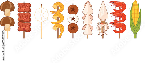 Street Food Skewer Vector Set Featuring Grilled Seafood, Meat, Mushrooms, Shrimp, Squid, and Corn on Sticks