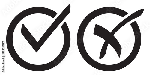 Check mark icon button set. Check box icon with right and wrong buttons and yes or no checkmark icons in green tick box and red cross. Isolated checkmark symbol, right and wrong sign concept. Icon.