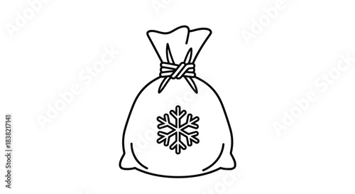 A simple black and white line art icon of a tied gift sack with a snowflake design symbolizing a Christmas or winter present.