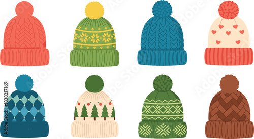 Winter Knit Beanie Hat Vector Set Featuring Colorful Patterned Pom Pom Hats in Cozy Scandinavian Style Design