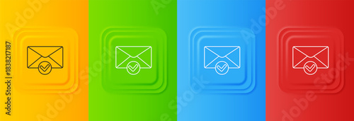 White Envelope and check mark icon isolated on colorful background. Successful e-mail delivery, email delivery confirmation. Set icons in square buttons. Vector