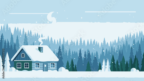 A cozy cabin nestled in a snowy forest with smoke rising from the chimney.
