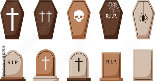 Halloween Coffin and Tombstone Vector Set Featuring Spooky Grave Icons, Crosses, Skull, Spider, and RIP Symbols