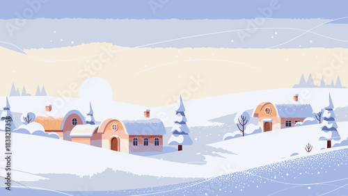 A peaceful winter village scene blanketed in fresh snow, reflecting the quiet beauty and serene charm of a frosty morning or evening under a soft, light-filled sky