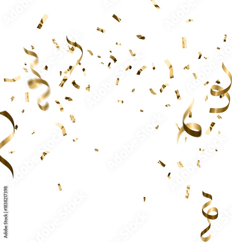 Golden celebration confetti falling from above on a fully transparent background. Ideal for party graphics, event promotions, festive overlays, New Year designs, birthdays, weddings, and luxury