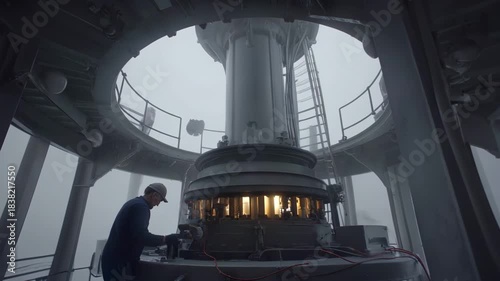 Medium shot showing the fog horn mechanism inside a coastal lighthouse with technician maintaining sound signals during heavy mist conditions.