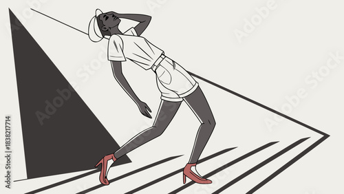 Stylish woman leaning back in dramatic geometric shadows, minimal fashion illustration with red high heels