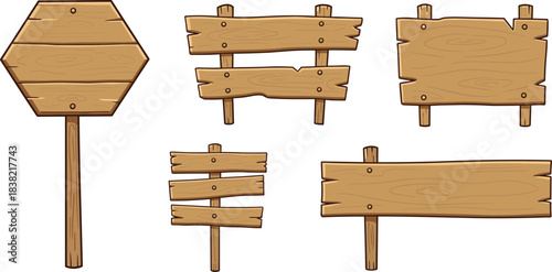 Set of Five Wooden Signposts and Blank Wooden Boards on White signboard