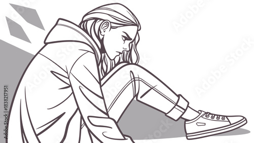 Woman tying shoelaces, minimal line art illustration of casual street fashion