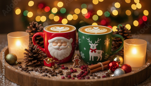 Festive Christmas mugs with latte art surrounded by candles, pinecones, and holiday decorations, creating a warm and cozy holiday atmosphere.