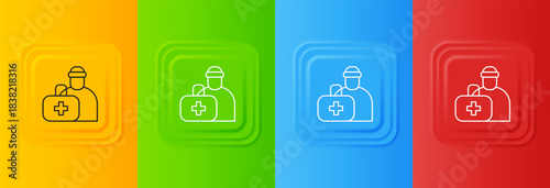 White First aid kit icon isolated on colorful background. Medical box with cross. Medical equipment for emergency. Healthcare concept. Set icons in square buttons. Vector